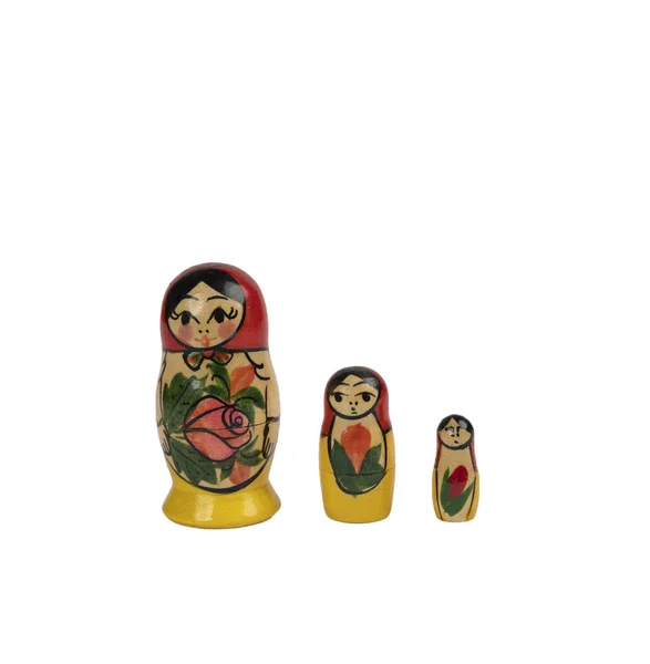 Tři Matryoše Tradiční Ruské Dřevěné Figurky Zdobené Průhledném Pozadí — Stock fotografie