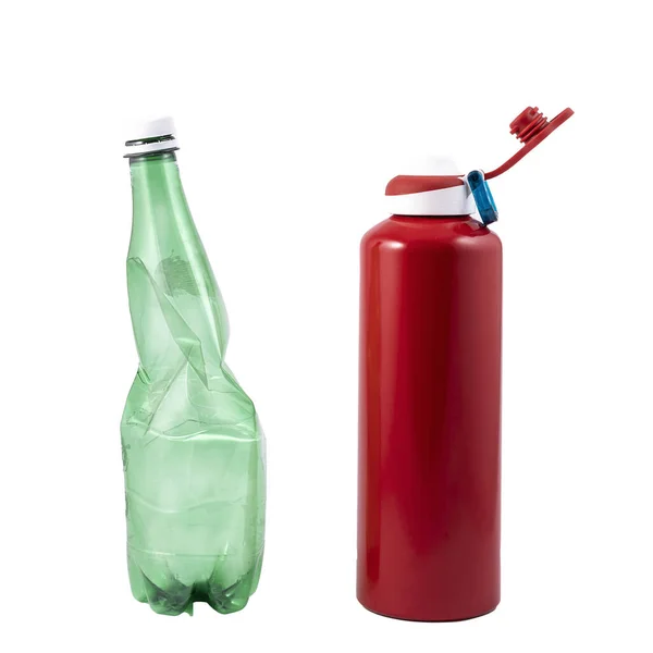 Ecological Choice Plastic Bottle Reusable Aluminum Bottle Transparent Background — Stock Photo, Image