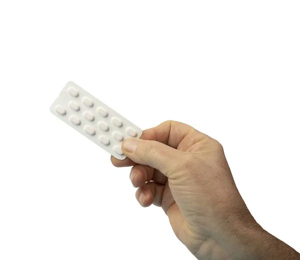 Manlig Hand Med Blisterförpackning Med Läkemedelspiller Transparent Bakgrund — Stockfoto