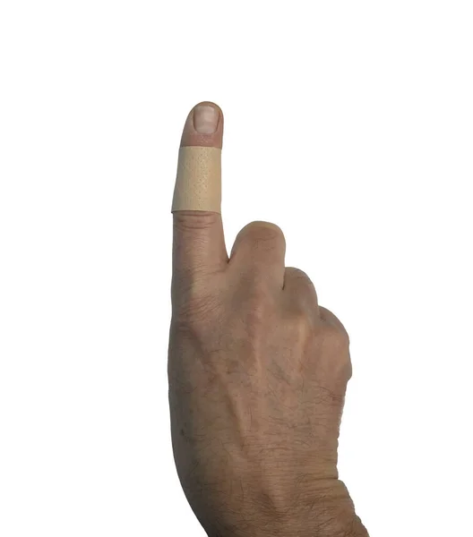 Uma Mão Masculina Com Band Aid Dedo Sobre Fundo Transparente — Fotografia de Stock