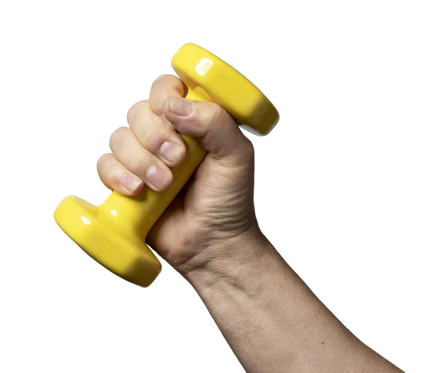 Gele Gymnastiekgewichten Hand Een Transparante Achtergrond — Stockfoto