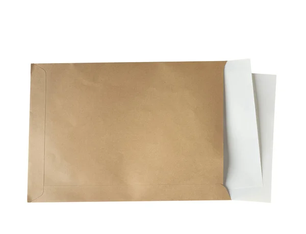 Brown Paper Envelope Containing Few White Sheets Paper Transparent Background — Stock Photo, Image