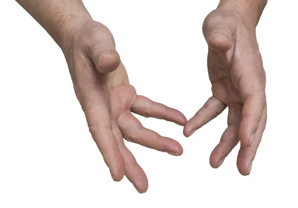 Gesto Das Mãos Homem Durante Uma Discussão Sobre Fundo Tgransparent — Fotografia de Stock