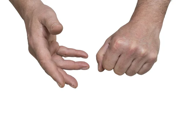 Gesto Das Mãos Homem Durante Uma Discussão Sobre Fundo Tgransparent — Fotografia de Stock