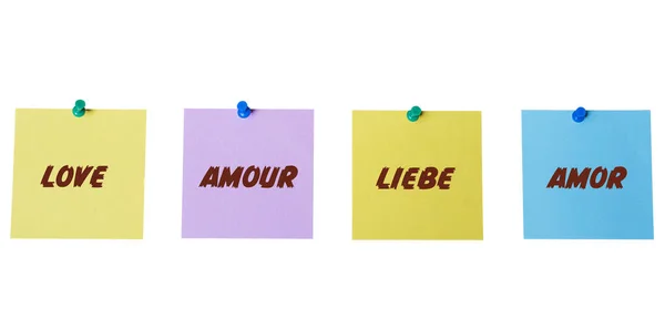 Quelques Cartes Colorées Avec Mot Amour Écrit Dessus Anglais Français — Photo