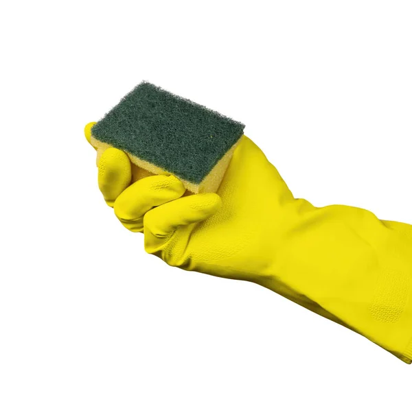 黄色いゴム手袋をした手は掃除用スポンジを持っています — ストック写真