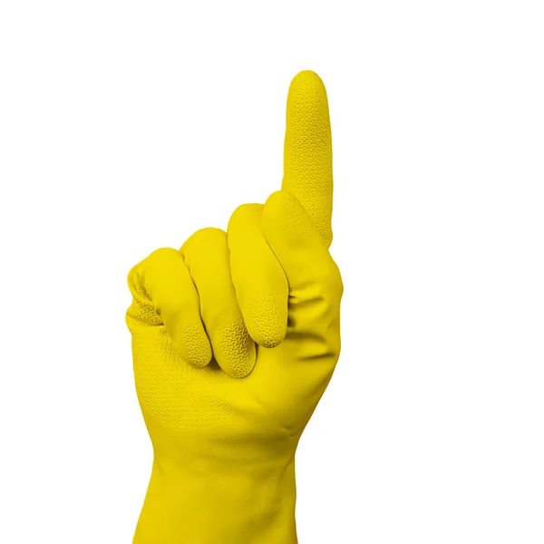 Указательный Палец Поднятый Рукой Желтой Резиновой Перчатке — стоковое фото