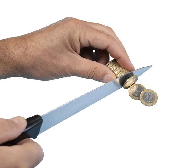 Gesture Cutting One Euro Coins Knife Concept Installment Payment Debt — Φωτογραφία Αρχείου