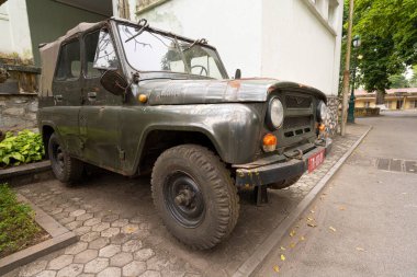 Hanoi, Vietnam, January 2023. Old military vehicles outside of the General Command Headquarters Bunker historical site inside the Thang Long Imperial Citadel, 
