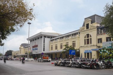  Hanoi, Vietnam, January 2023.  external view of the Railway Central Station building in the city center