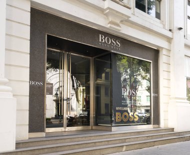 Hanoi, Vietnam, January 2023. External view of the Hugo Boss luxury brand store in the city center