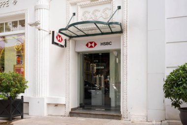 Hanoi, Vietnam, January 2023. View of a HSBC bank ATM machine on the street in the city center