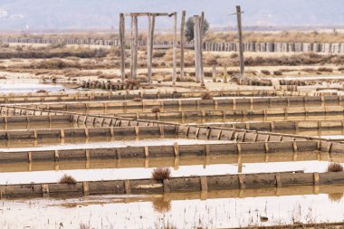 Winter panoramic view of marine pools in Secovlje salt pan, Slovenia