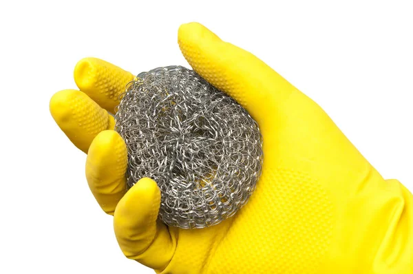 Steel Wool Held Yellow Gloved Hand Transparent Surface — Stock Photo, Image
