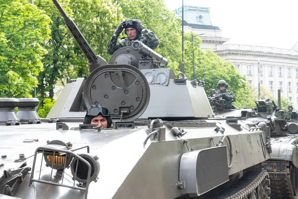 Sofia Bulgária Maio 2023 Veículos Militares Blindados Alinhados Para Desfile — Fotografia de Stock