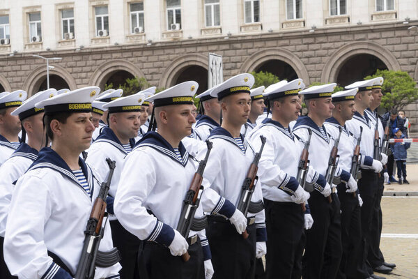 Sofia, Bulgaria. May 6th 2023.  Soldiers lined up for, St. George's Day and Bulgarian Army holiday