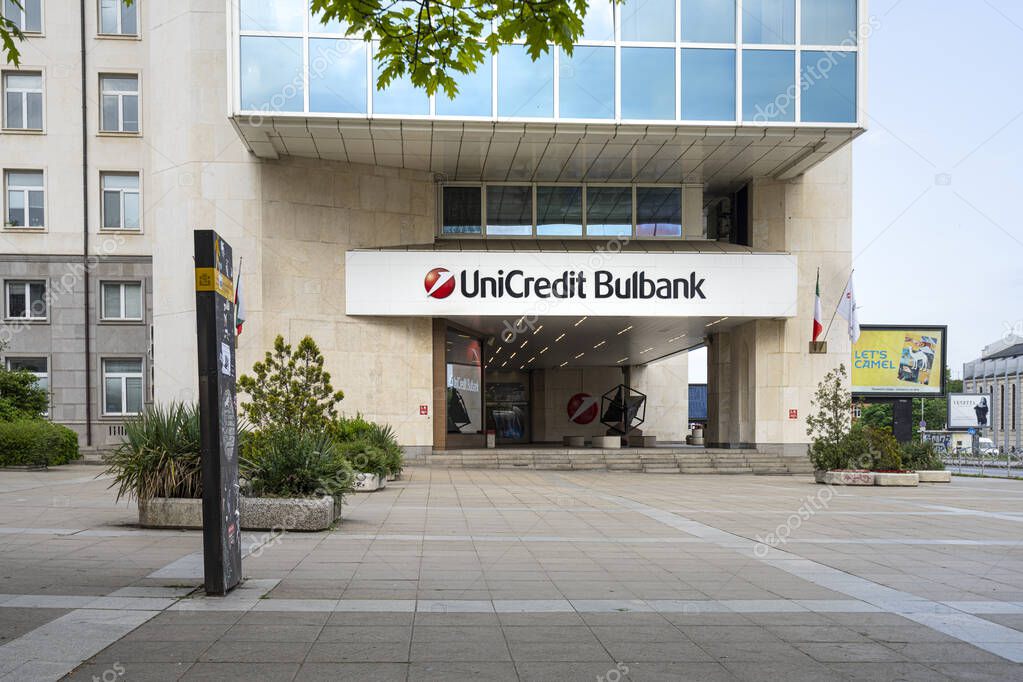 Sofia, Bulgaria. May 2023.  exterior view of the Unicredit bank branch building in the city center