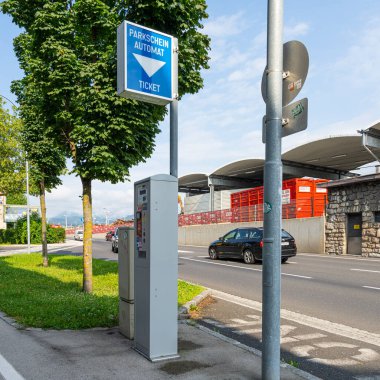 Villach, Austria. July 18 2023. a parking meter in a street in the city centre