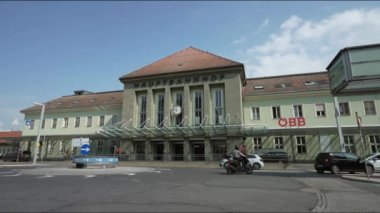 Villach, Austria. July 18 2023. Outdoor view of the Villach Hbf railway station building in the city center