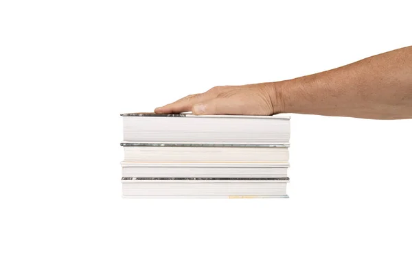 Een Mannelijke Hand Bovenop Een Stapel Boeken Met Een Transparante — Stockfoto