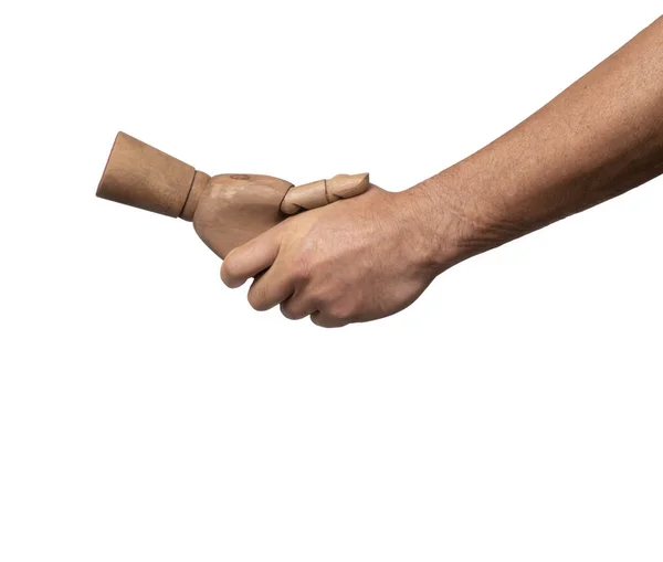 Ein Mann Schüttelt Eine Hölzerne Hand Auf Transparentem Hintergrund — Stockfoto