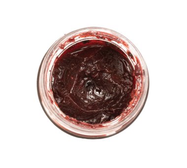 Şeffaf bir arkaplanda yukarıdan izlenen bir kavanoz çilek reçeli