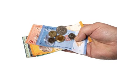 Elinde Malezya Halkası 'na ait banknotlar ve paralar var.