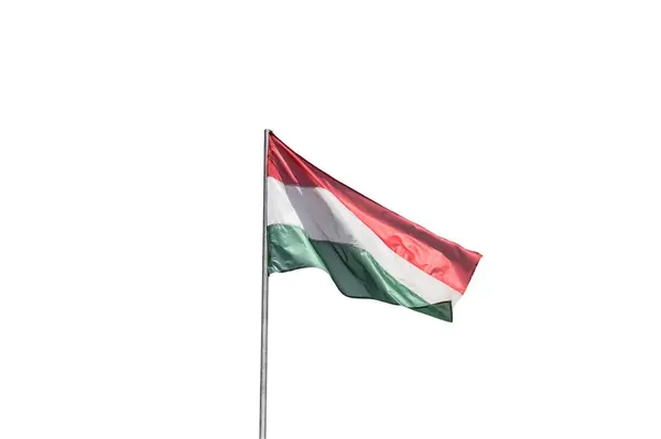 View Hungarian Flag Waving Cloudy Sky Background — Stock Photo, Image