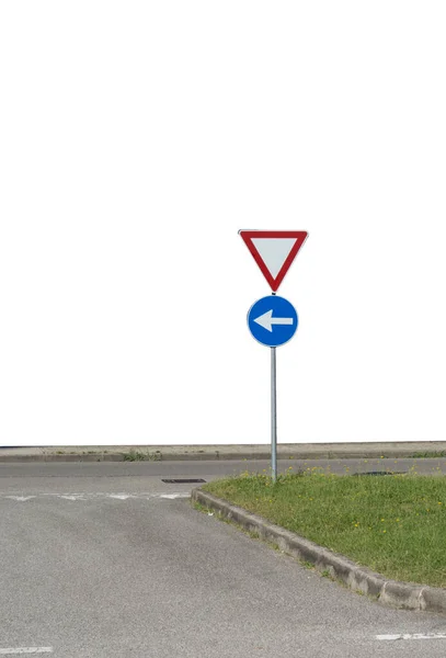 the road sign to give way and mandatory direction on a transparent background