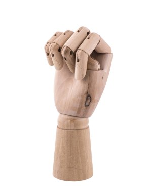 Şeffaf bir arka planda eklemli ahşap eli olan jest.