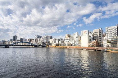 Tokyo, Japonya. Ocak 2024. Şehir merkezindeki Sumida Nehri 'nin panoramik manzarası