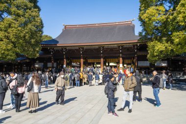 Tokyo, Japonya. 8 Ocak 2024, Meiji Shinto Tapınağı 'nın iç avlularındaki inananlar şehir merkezinde.
