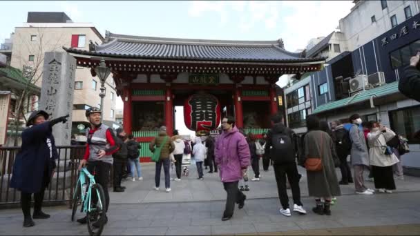 Токио Япония Января 2024 Толпа Посетителей Перед Каминаримоном Большой Фонарь — стоковое видео
