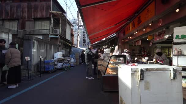 Tokyo Japonya Ocak 2024 Şehrin Merkezindeki Tsukiji Outer Markett Yemek — Stok video