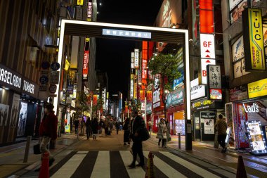 Tokyo, Japonya. 9 Ocak 2024. Şehir merkezindeki Musashino Caddesi 'nin ışıkları arasında yürüyen insanların gece görüntüsü.