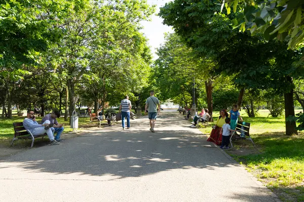 Bükreş, Romanya. 24 Mayıs 2024. Şehir merkezindeki Unirii Meydanı bahçelerinde dinlenen insanlar