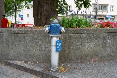 Salzburg, Avusturya. 1 Temmuz 2024. Şehir merkezindeki bir caddenin kaldırımında yangın musluğu.