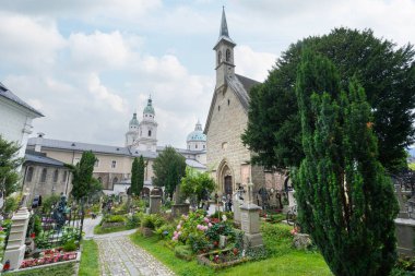 Salzburg, Avusturya. 1 Temmuz 2024. Şehrin merkezindeki eski St. Peter (Petersfriedhof) mezarlığının manzarası