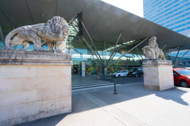 Linz, Austria. August 12, 2024. the lion statues outside the station in the city center clipart