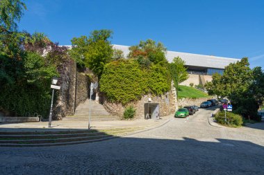 Linz, Avusturya. 12 Ağustos 2024 şehir merkezindeki tepedeki kalenin panoramik manzarası.