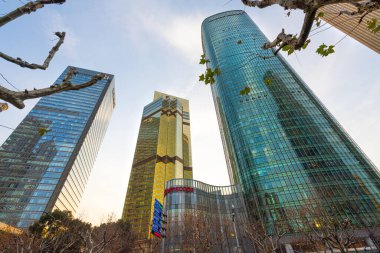 Şangay, Çin. 8 Ocak 2025. Şehir merkezindeki modern gökdelenlerin panoramik görüntüsü