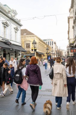 Belgrad, Sırbistan. 22 Mart 2025 tarihi şehir merkezindeki Kneza Mihaila Bulvarı manzarası