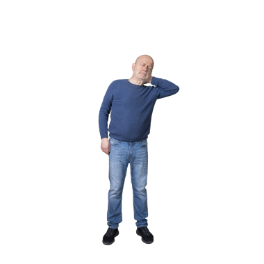 Şeffaf bir arka planda boynu tutulmuş eli boynunda bir adam.