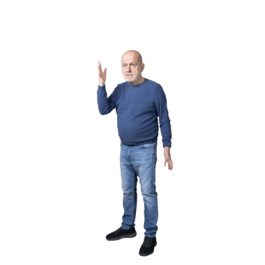 Şeffaf bir arkaplan üzerine hararetli bir tartışma yapan bir adam.