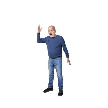 Şeffaf bir arkaplan üzerine hararetli bir tartışma yapan bir adam.