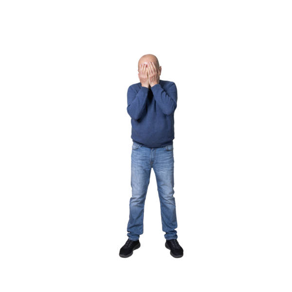 Şeffaf bir arka planda elleri yüzü kapalı bir adam.