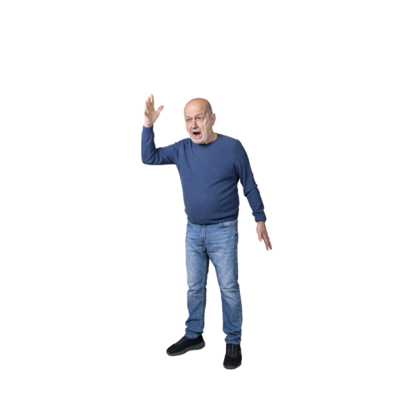 Şeffaf bir arkaplan üzerine hararetli bir tartışma yapan bir adam.