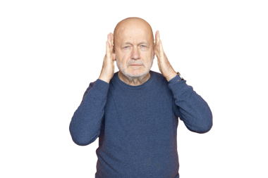 Şeffaf bir arka planda elleri yüzünün kenarlarında olan bir adam.