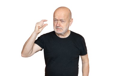 Şeffaf bir arka planda parmakları olan küçük bir jest yapan bir adam.