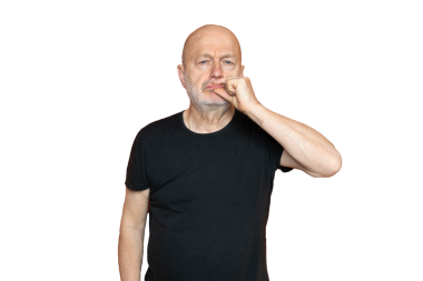 Şeffaf bir arkaplanda çenesini kapalı tutma hareketi yapan bir adam.